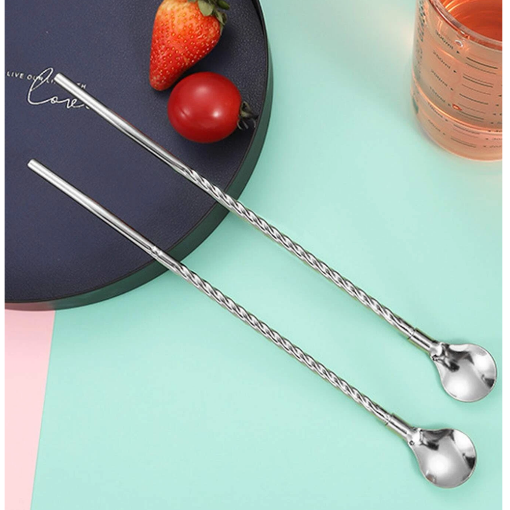 Spiral Soda Straw Spoons Stainless Steel with Brush 22.5cm 7pc Set