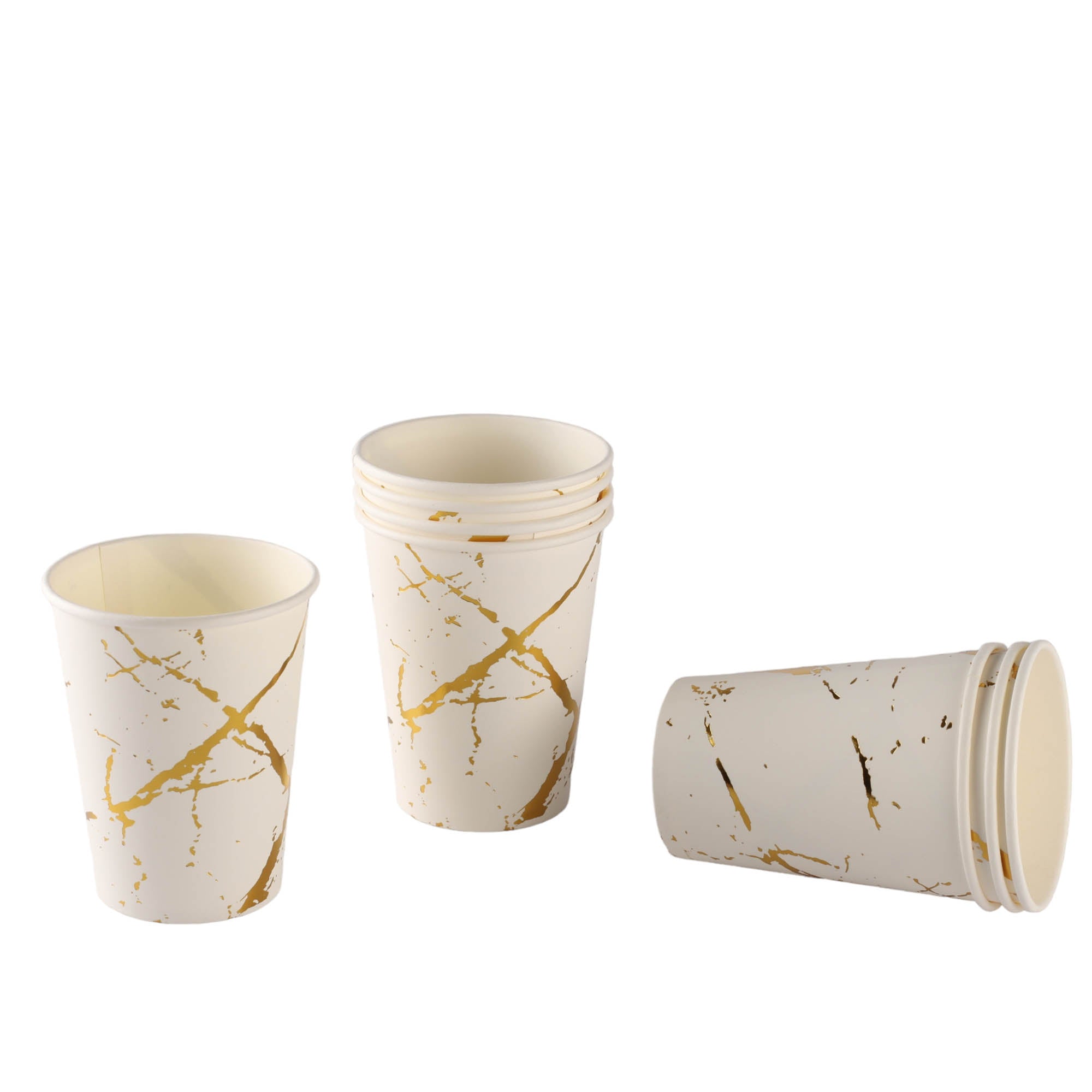 Dispisable Party Paper Cups White Marble Gold Print 270ml 10pack