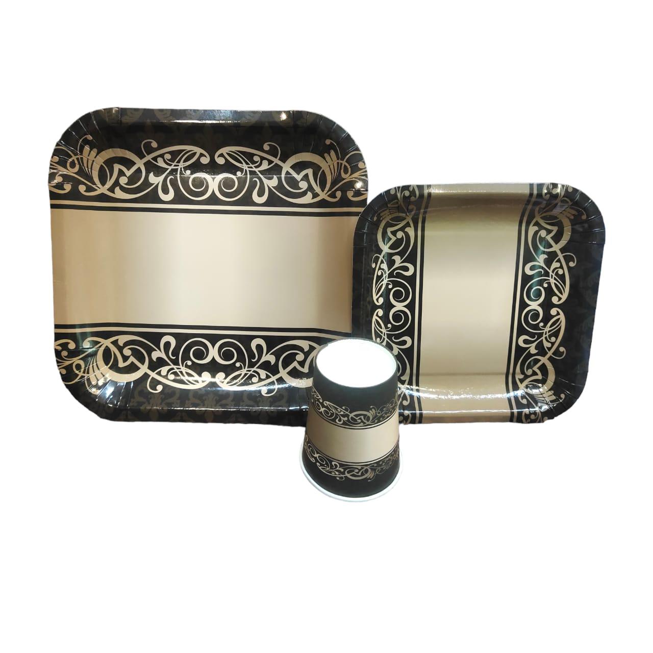 Party Paper Plate Square Gold with Black Print 7Inch 18cm 10pack