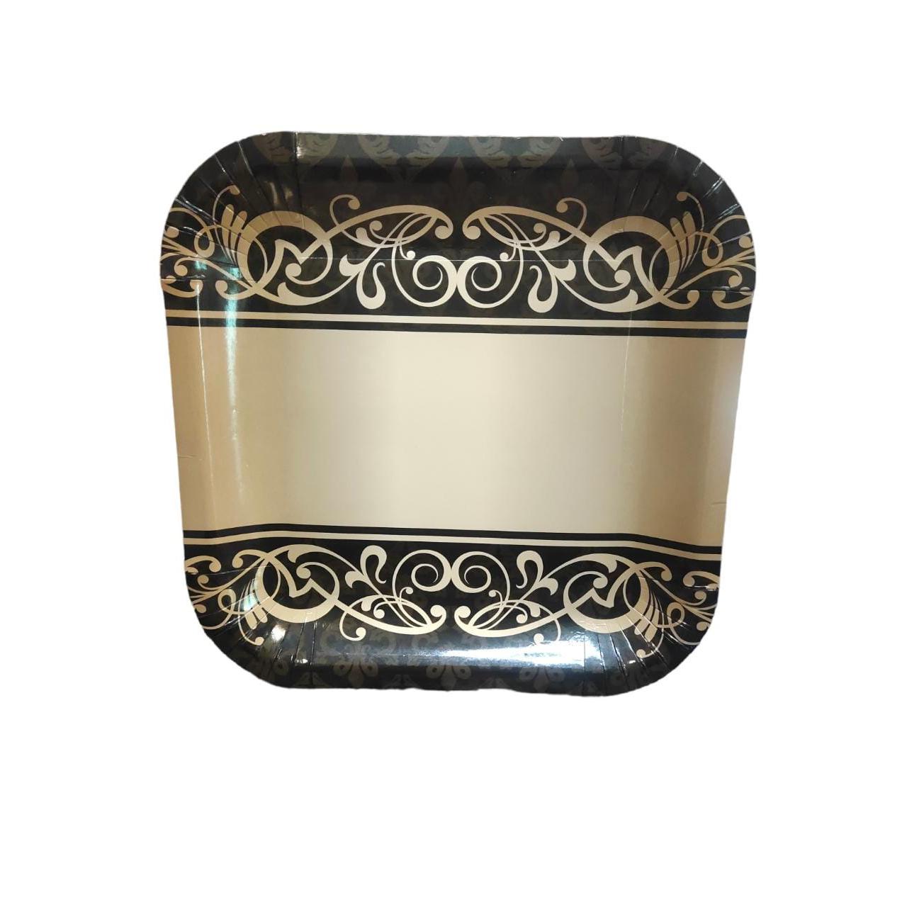 Party Paper Plate Square Gold with Black Print 7Inch 18cm 10pack