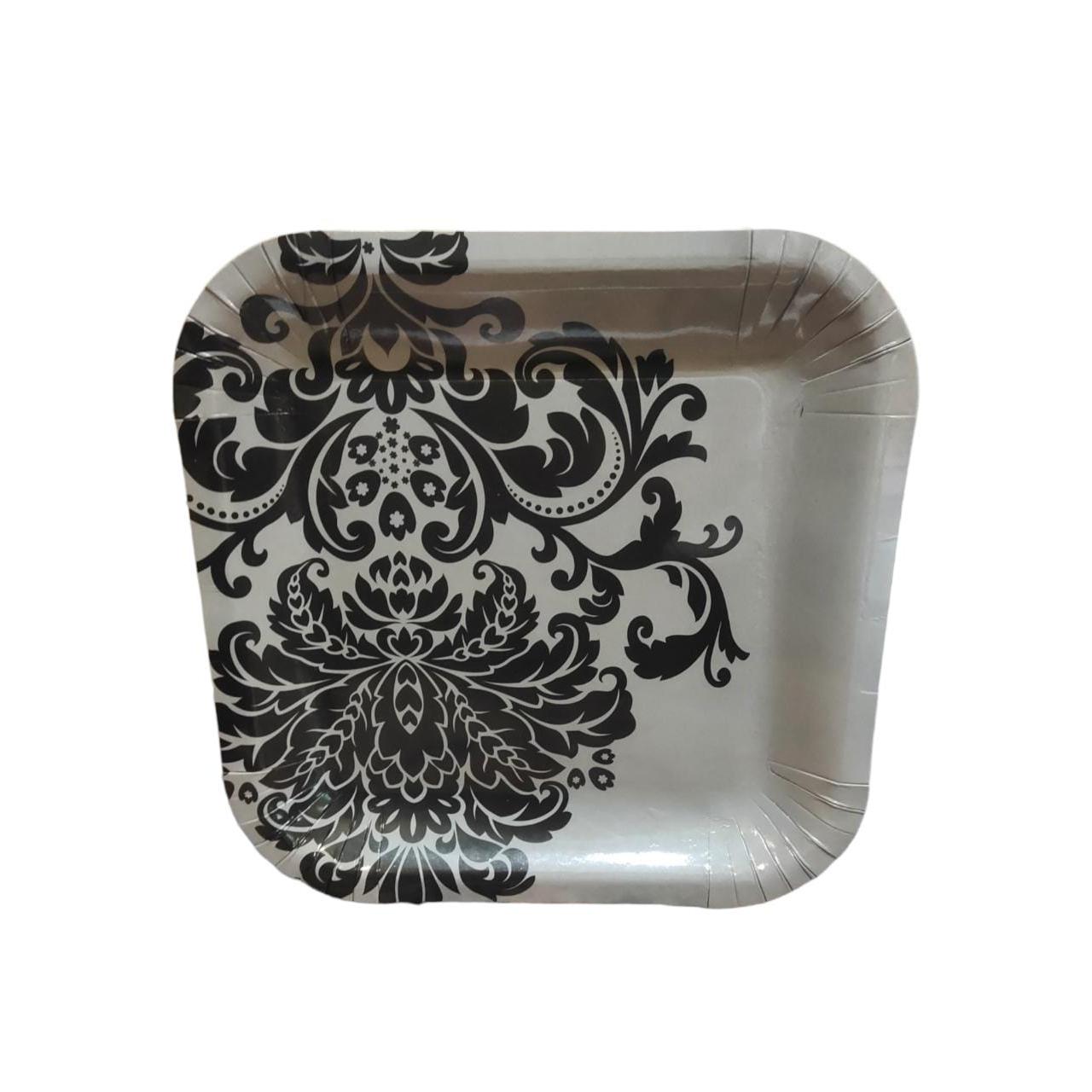 Party Paper Plate Square Grey with Black Print 9inch 23cm 10pack