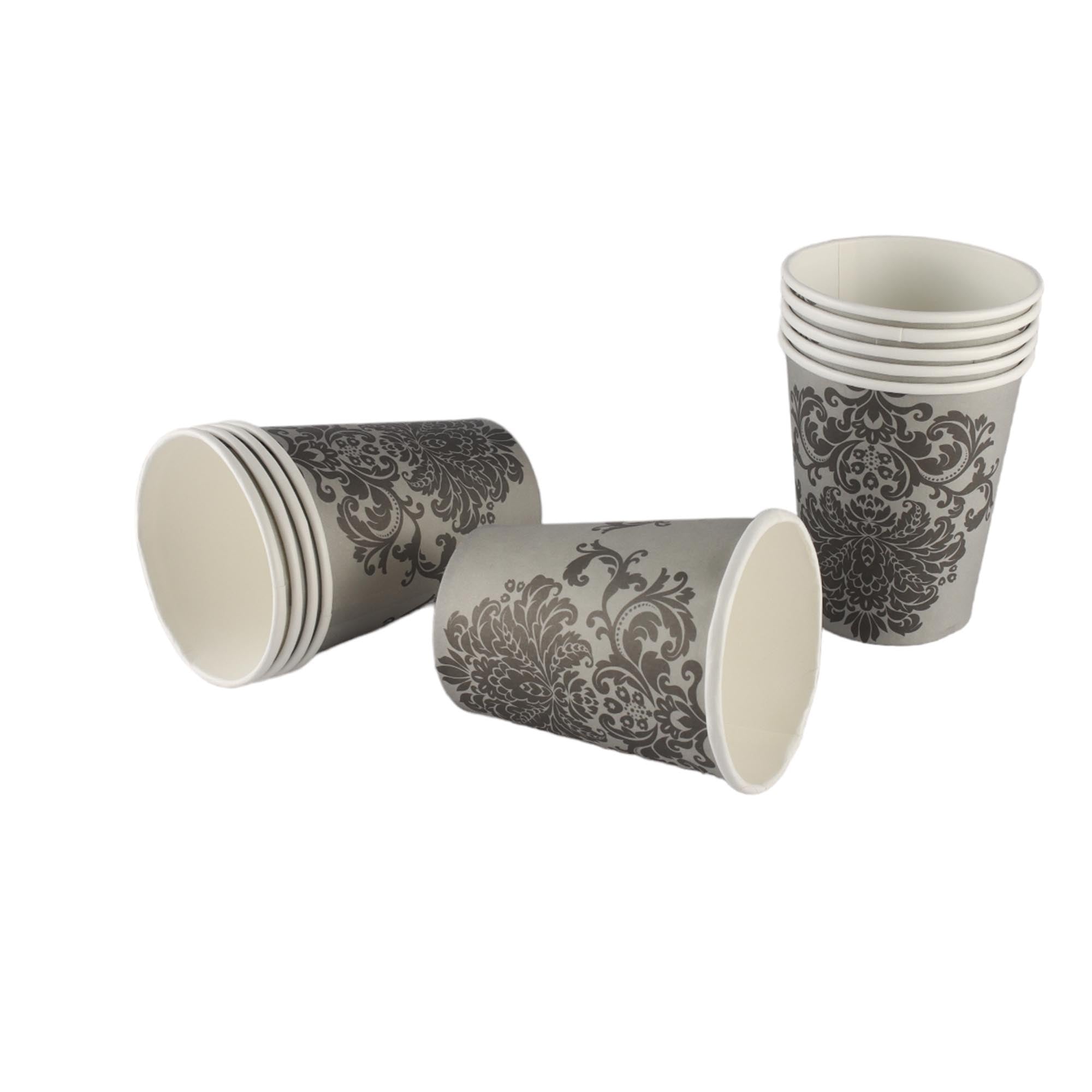 Disposable Party Paper Cups Grey with Black Print 250ml 10pack