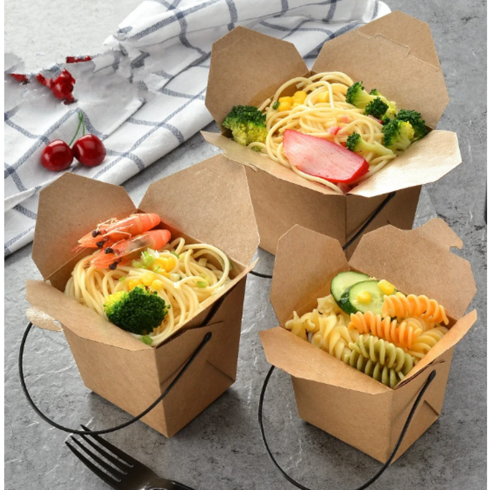 Kraft Paper Food Lunch Box Square with Handle 10.3x9.1x10.4cm