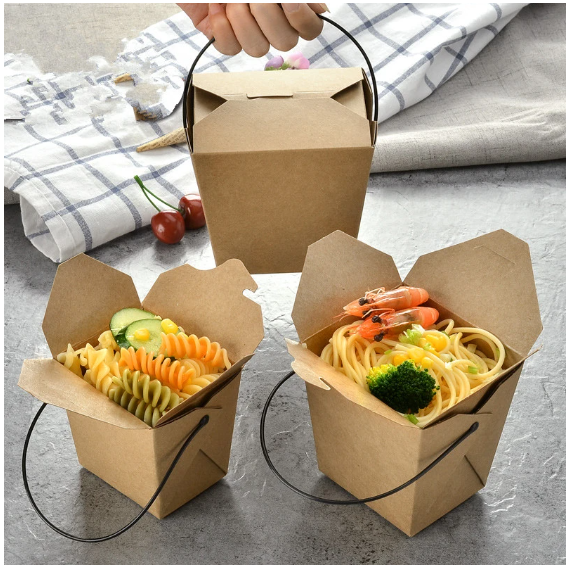 Kraft Paper Food Lunch Box Square with Handle 10.3x9.1x10.4cm