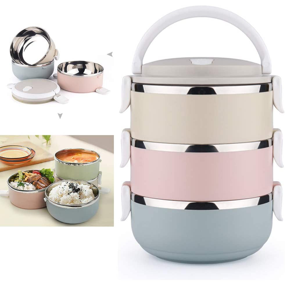 Stainless Steel Lunch Box 3 Piece Tier Stackable Leak-Proof Thermal Bento Boxes