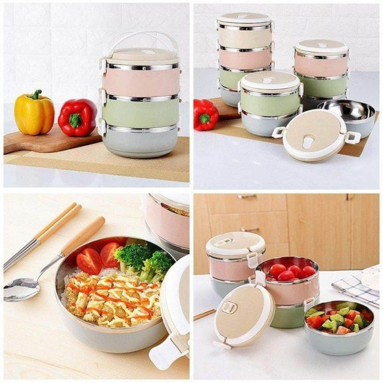 Stainless Steel Lunch Box 3 Piece Tier Stackable Leak-Proof Thermal Bento Boxes