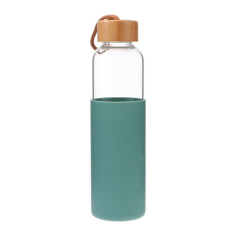 Glass Drinking Bottle 500ml Silicone Grip with Bamboo Wooden Lid and String 22583