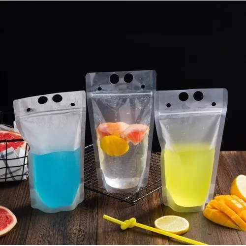Drinking Pouch Bag Clear with Straw 500ml Stand-Up Reusable Beverage Packaging 13x23x4cm 100mic 1pc