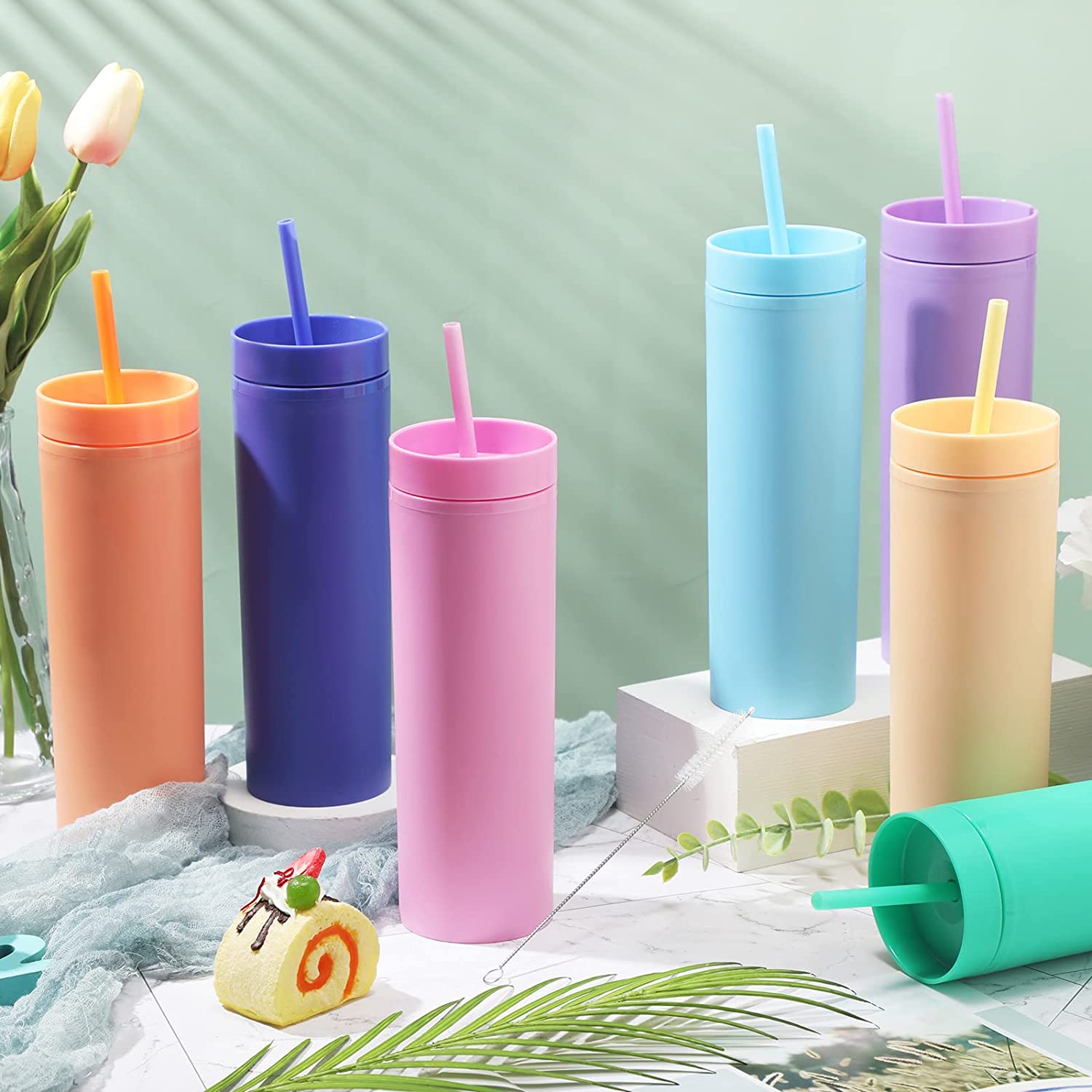 473ml Skinny Drinking Tumbler Acrylic Reusable with Lid and Straw