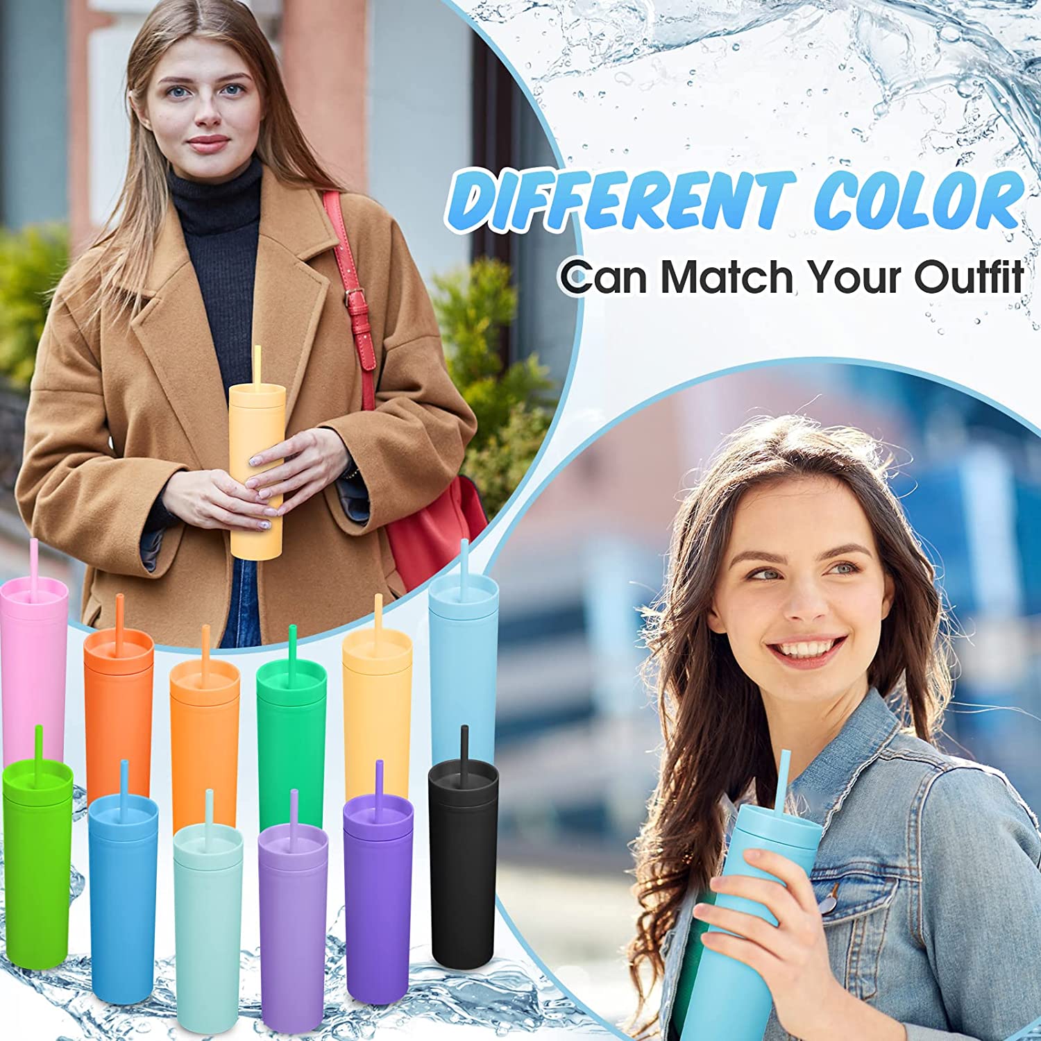 473ml Skinny Drinking Tumbler Acrylic Reusable with Lid and Straw