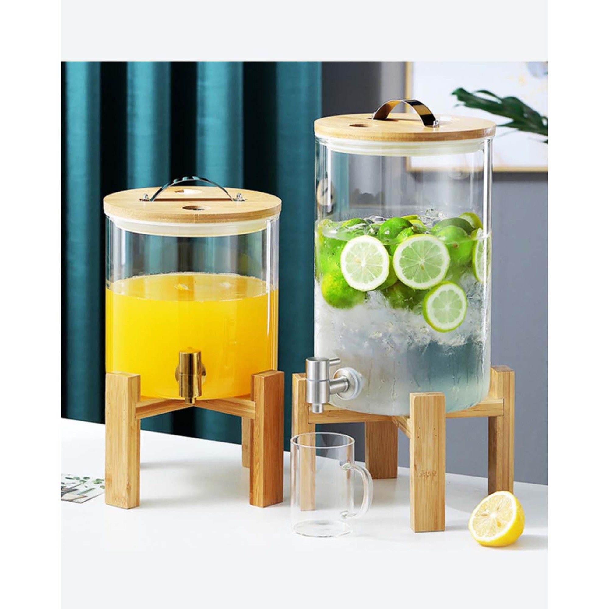 Beverage Dispenser 7.5L Borosilicate Glass Wooden Lid & Stand with Tap Spout