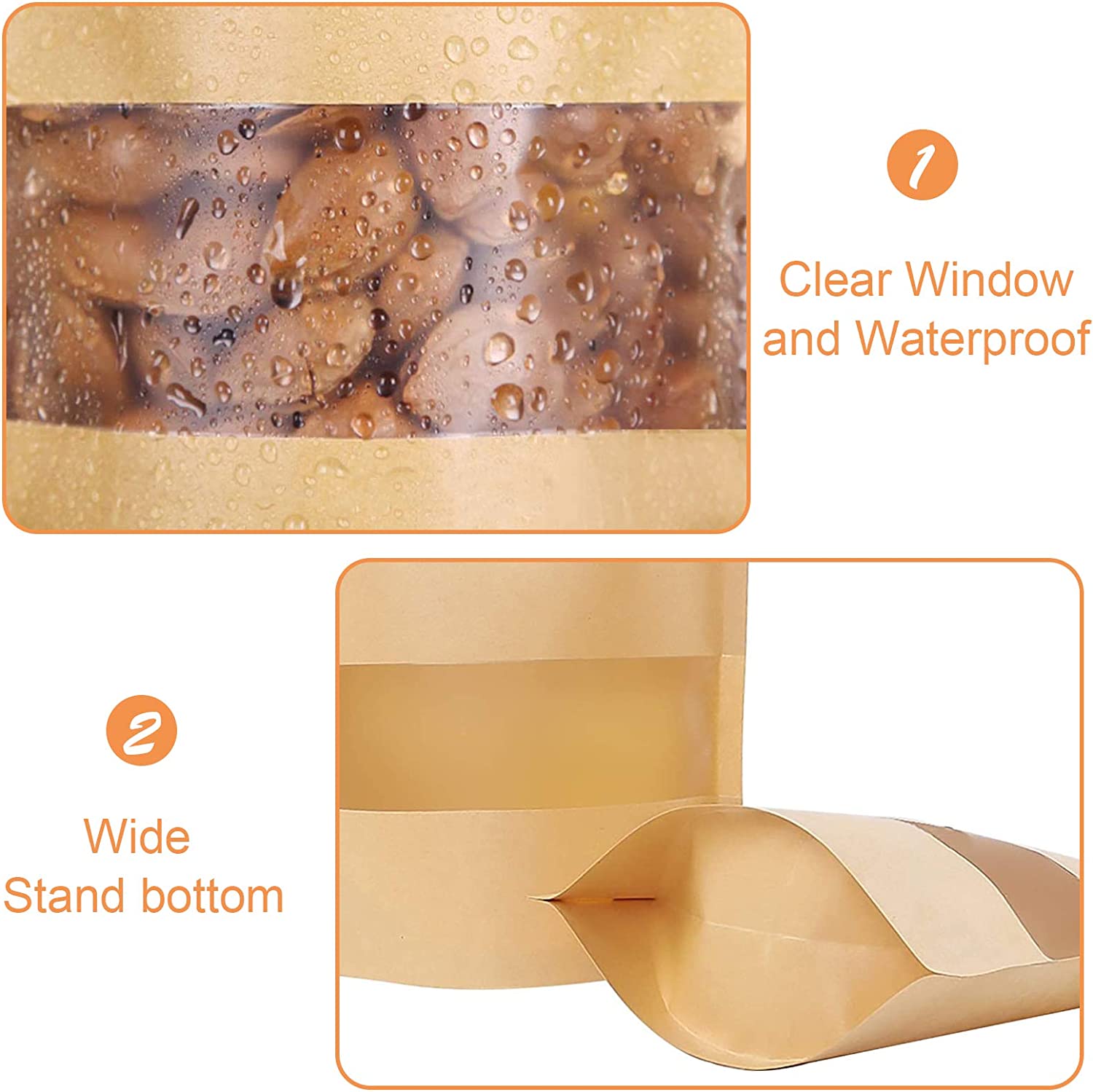 Kraft Pouch Bag Zip Lock Resealable Stand-Up with Window Brown 280mic 12pack