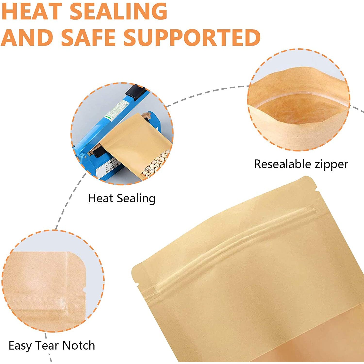 Kraft Pouch Bag Zip Lock Resealable Stand-Up with Window Brown 280mic 12pack