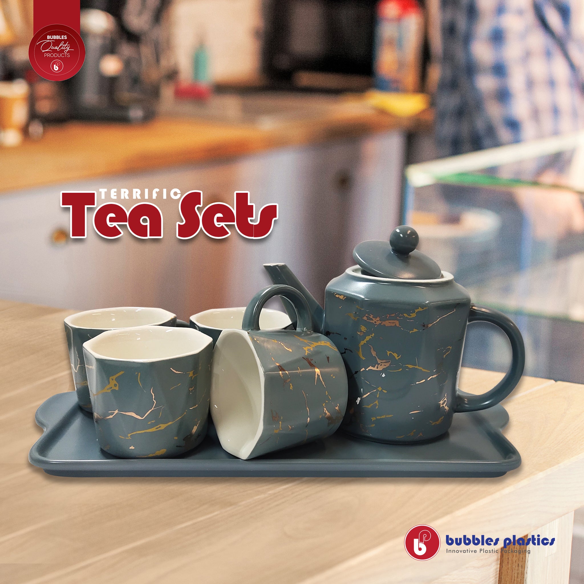 Ceramic Teapot Set and Cups Grey with Gold Marble 7pcs