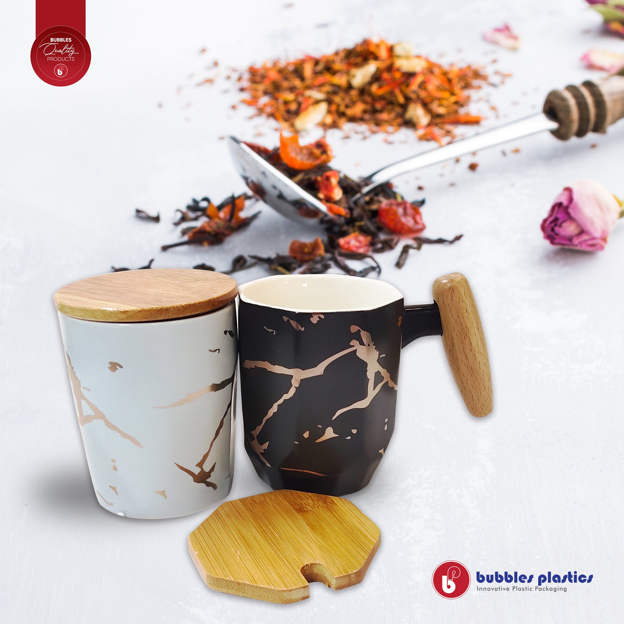 Porcelain Coffee Mug White & Gold Marble with Lid