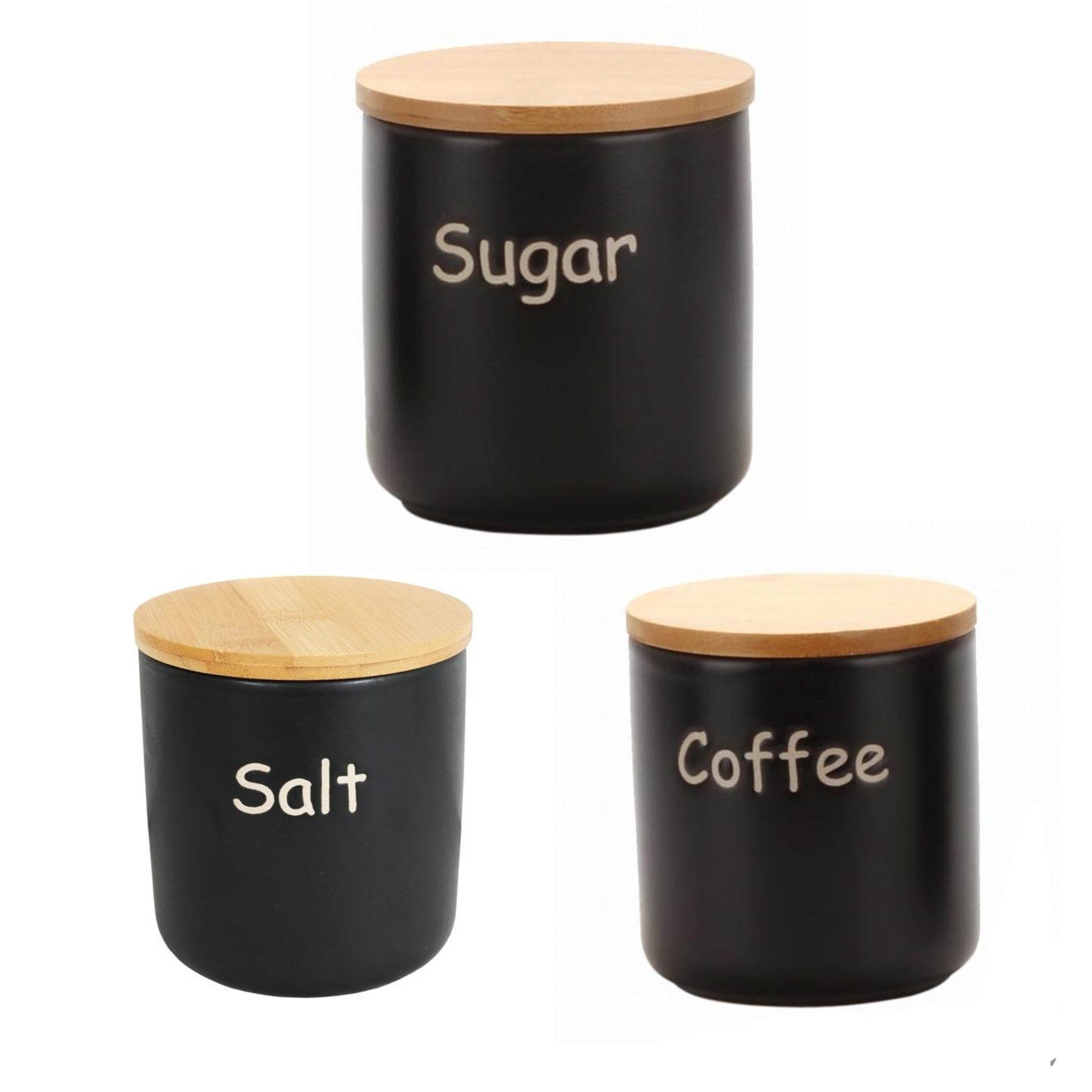 Ceramic Canister Set Black 3pc Set Sugar-Salt-Coffee with Bamboo Lid