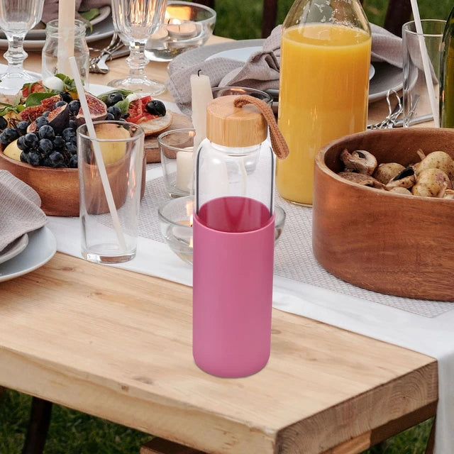 Glass Drinking Bottle 500ml Silicone Grip with Bamboo Wooden Lid and String 22583
