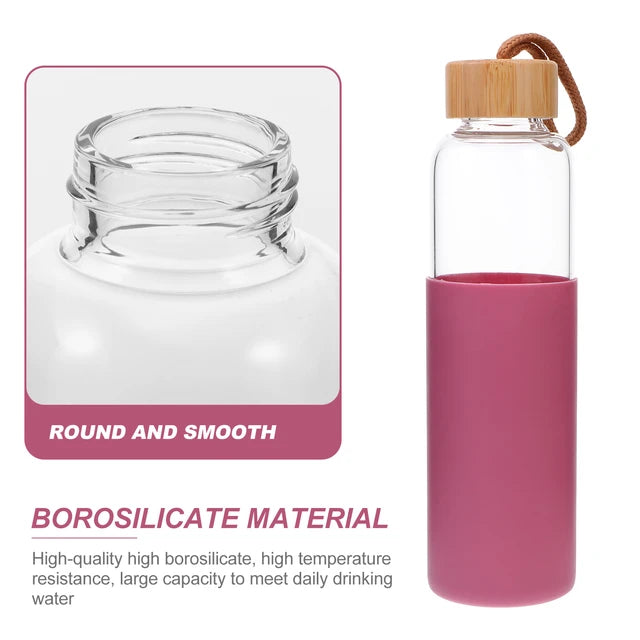 Glass Drinking Bottle 500ml Silicone Grip with Bamboo Wooden Lid and String 22583