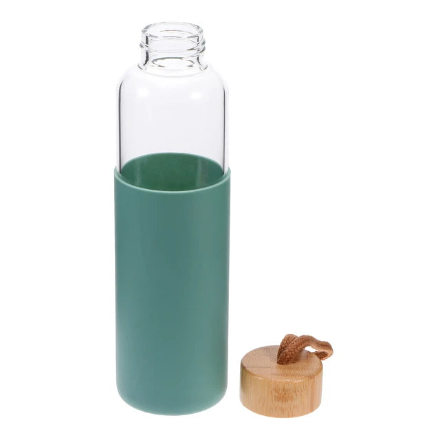 Glass Drinking Bottle 500ml Silicone Grip with Bamboo Wooden Lid and String 22583