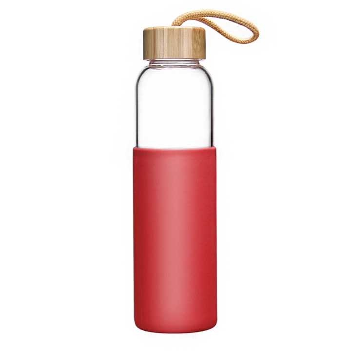 Glass Drinking Bottle 500ml Silicone Grip with Bamboo Wooden Lid and String 22583