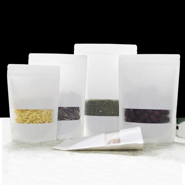 Kraft Pouch Bag Zip Lock Resealable Stand-up with Window White 280mic 12pack