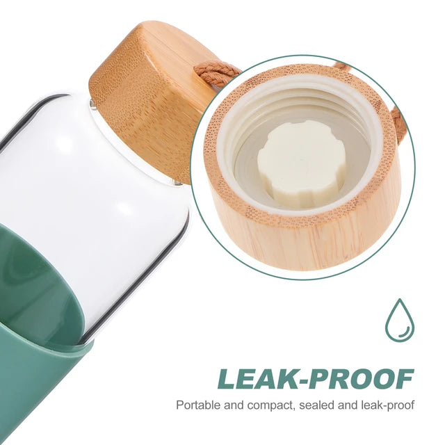 Glass Drinking Bottle 500ml Silicone Grip with Bamboo Wooden Lid and String 22583