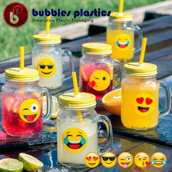 Glass Mason Jar Glass with Straw - Emoji Patterned
