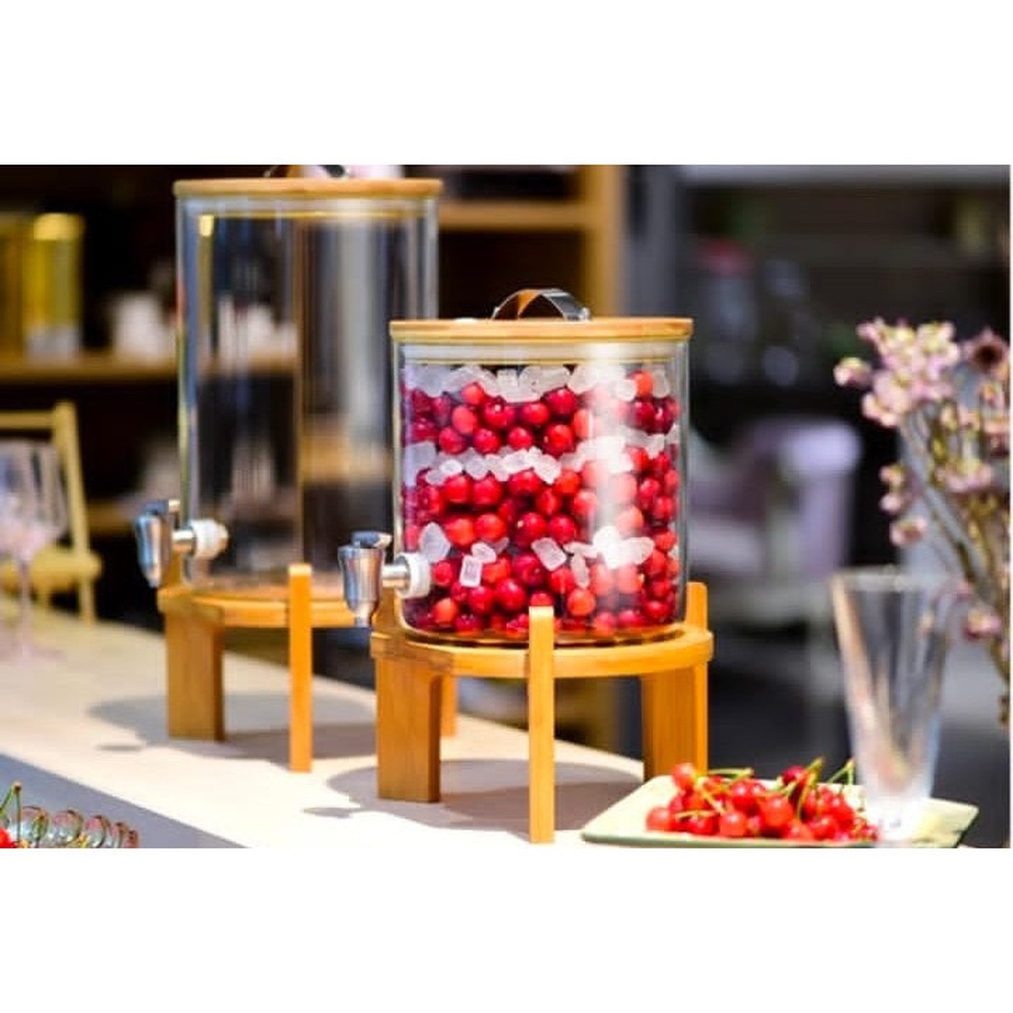 Beverage Dispenser 7.5L Borosilicate Glass Wooden Lid & Stand with Tap Spout