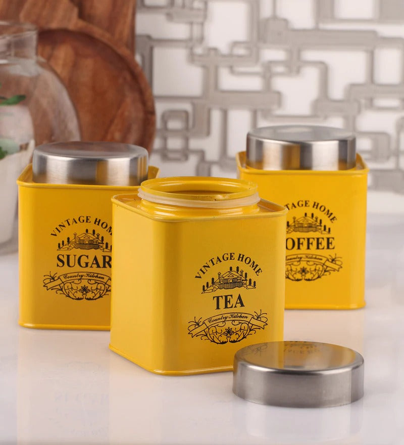 Vintage Tin Canister Set Tea-Coffee-Sugar Yellow Square Jar with S/S Lid 3pc
