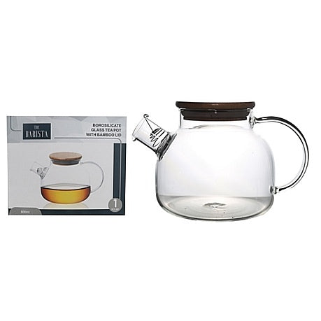 Barista Borosilicate Teapot 800ml Single Wall with Bamboo Lid