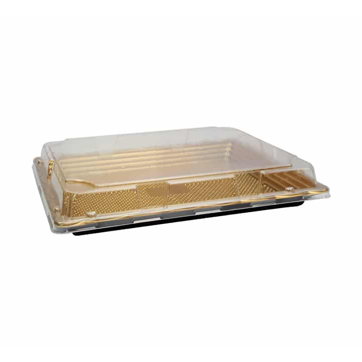 Disposable Biscuit Tray Box Gold with PVC Lid 11x16cm Serving To Go Plastic Container