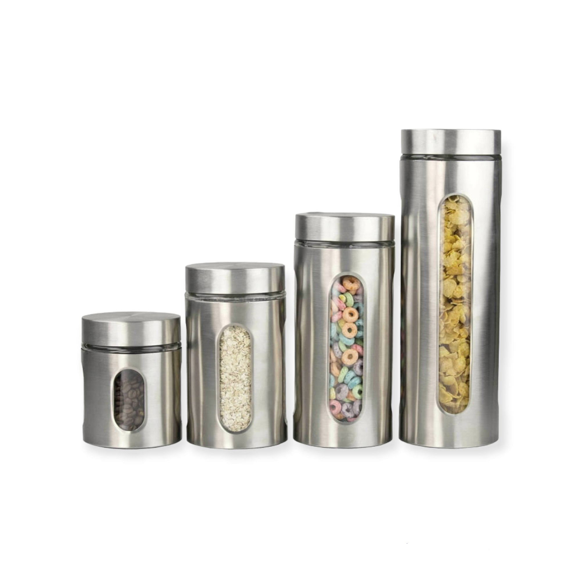 Totally Home Decadent 4pc Glass Canister Set with Stainless Steel Finish and Long Bar Windows