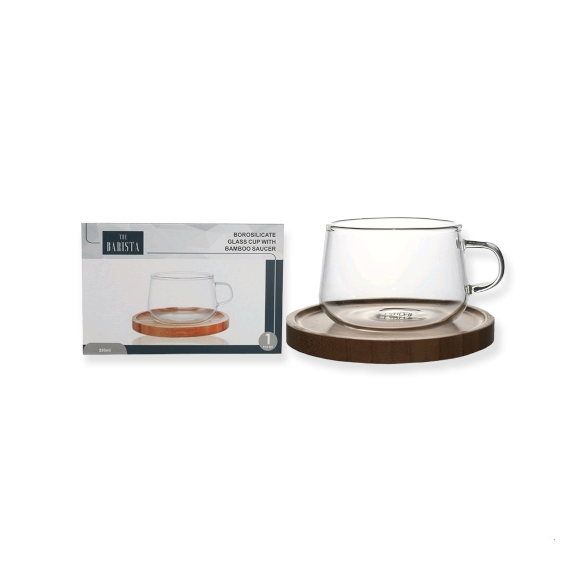 Barista Borosilicate Café Tea-Coffee Cup 230ml with Bamboo Saucer 11405