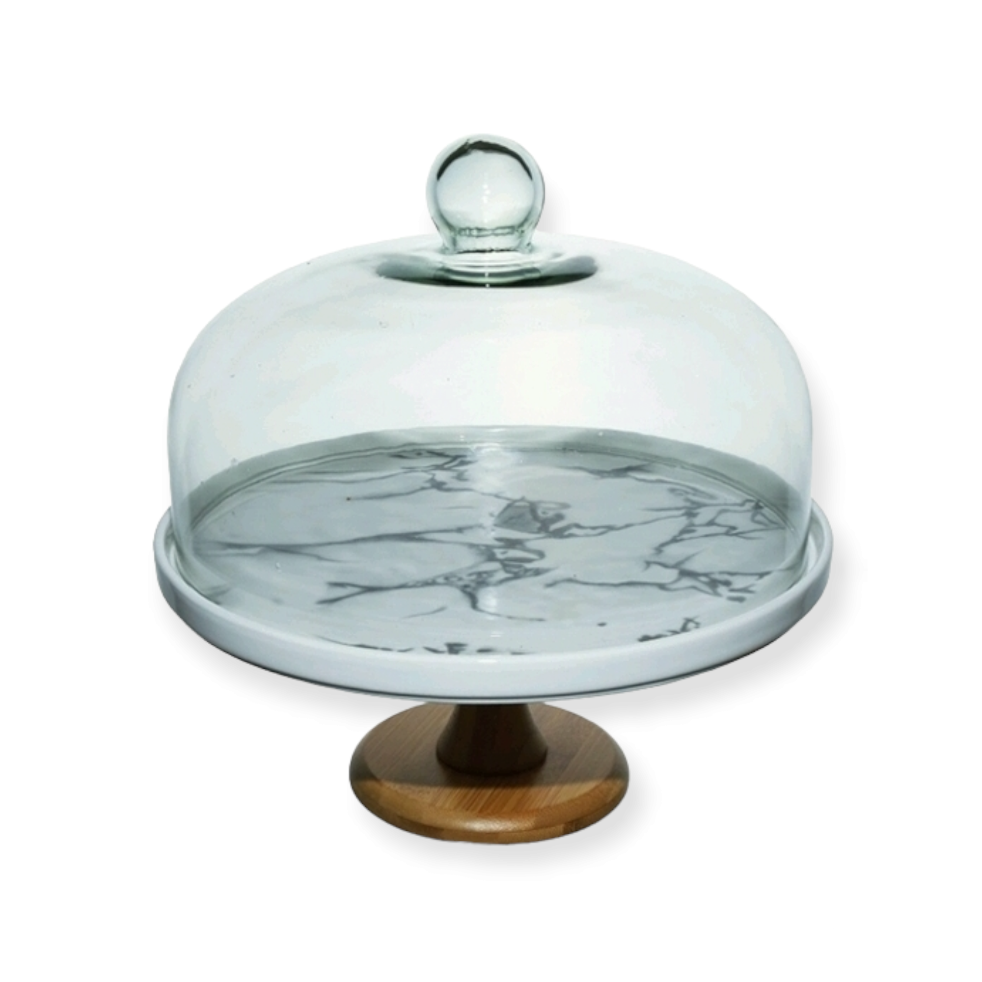 Patisserie Cake Dome Server 26cm Marble Base Acacia Wooden Footed Stand 34556