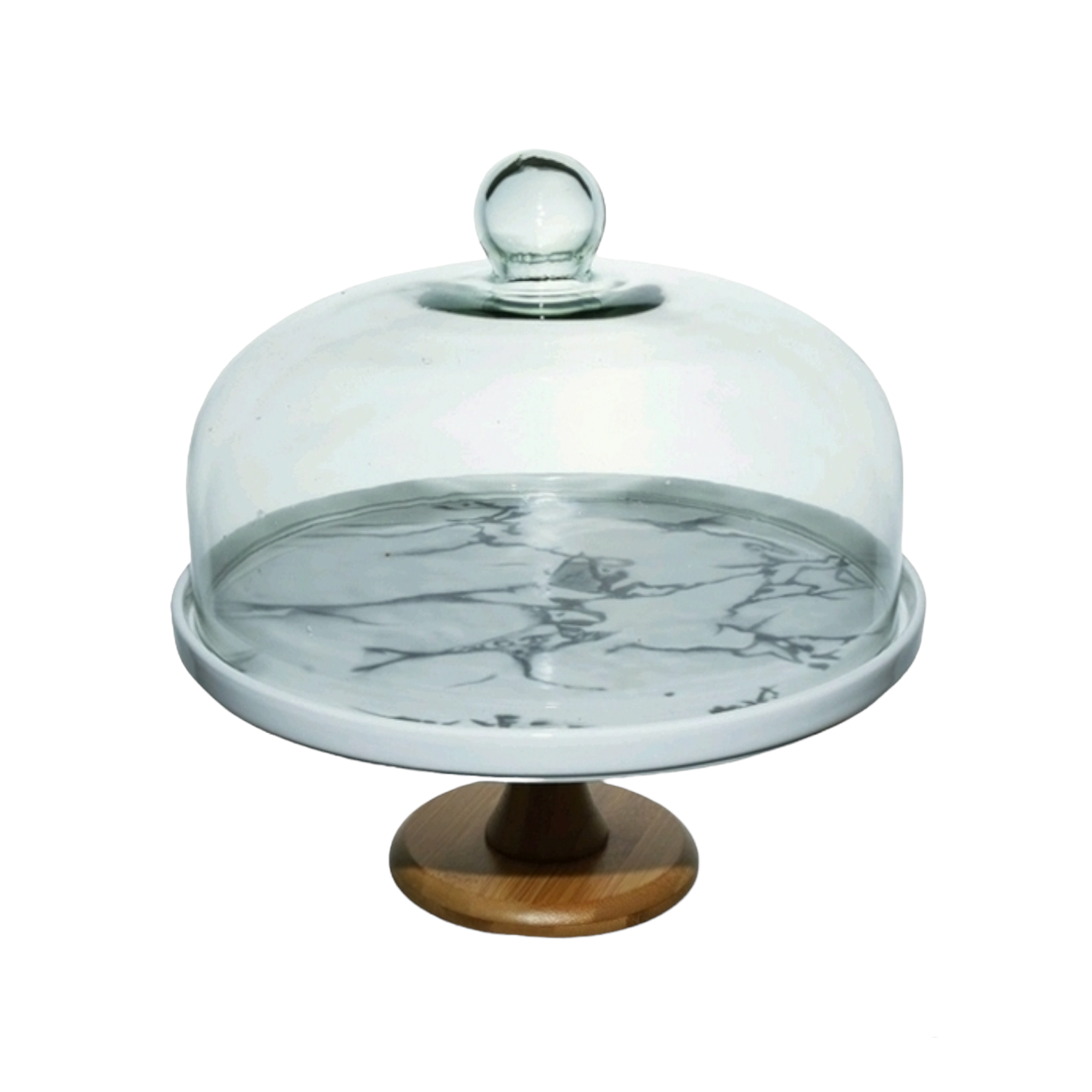Patisserie Cake Dome Server 26cm Marble Base Acacia Wooden Footed Stand 34556