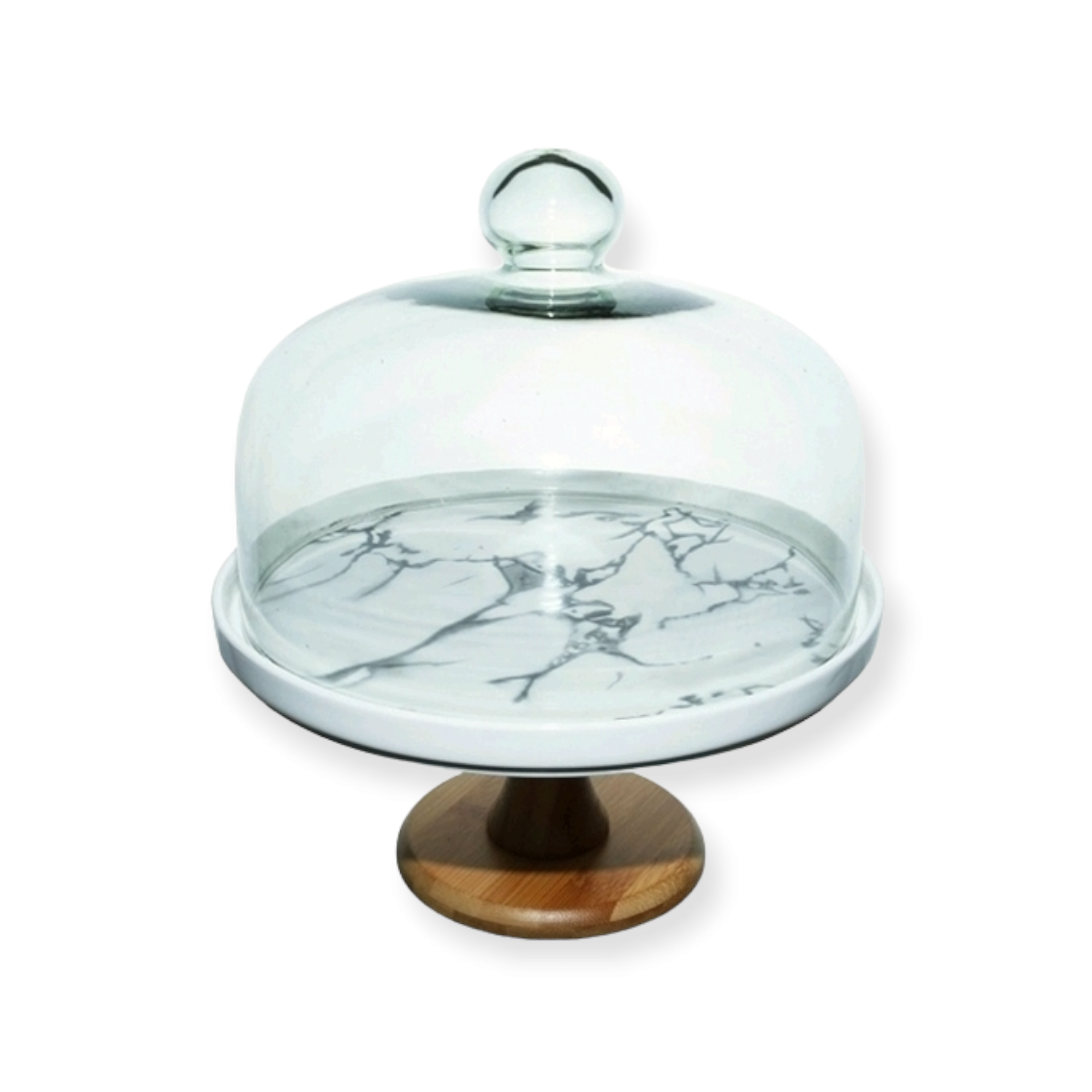 Patisserie Cake Dome Server 29cm Marble Base Acacia Wooden Footed Stand 34555