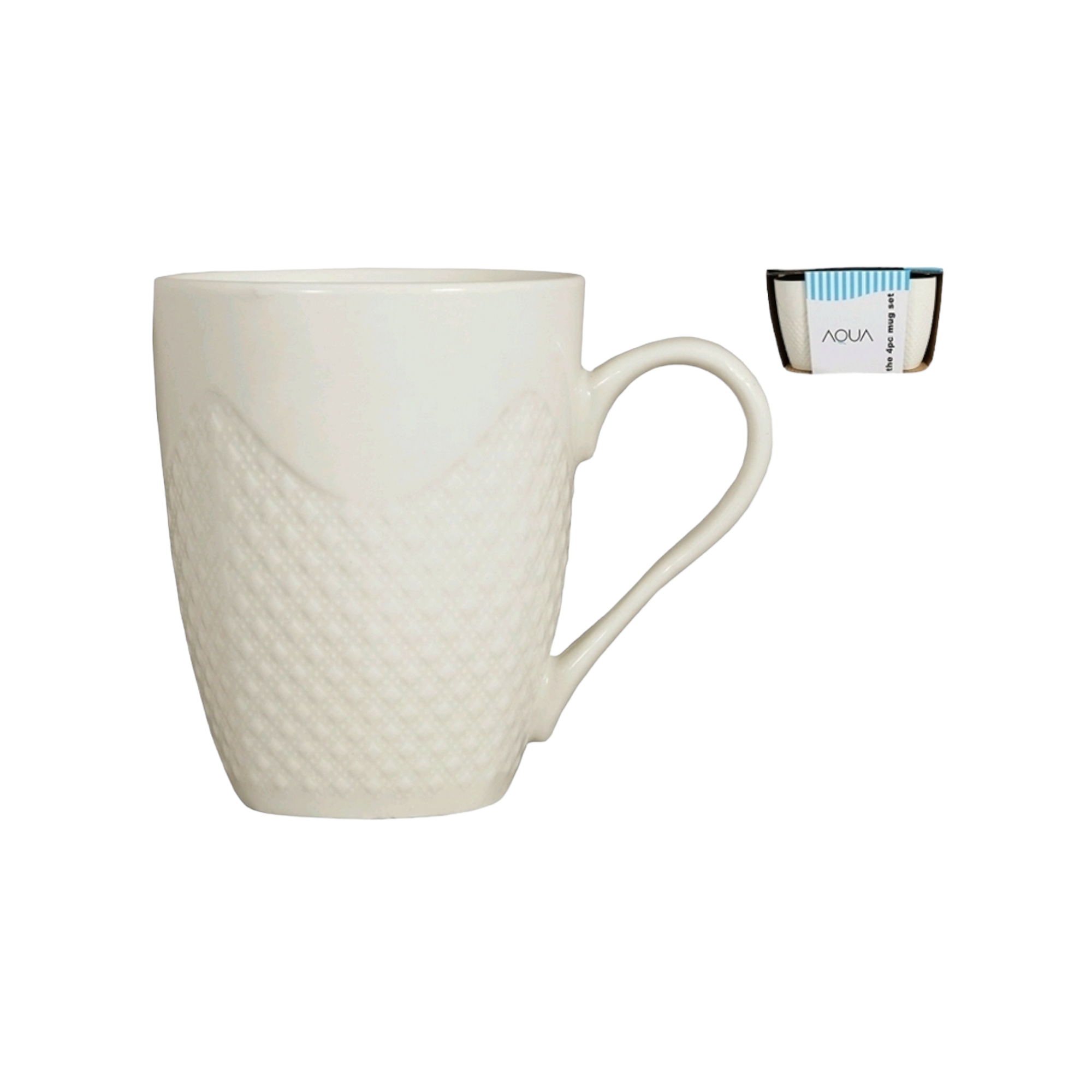 Aqua Ceramic Coffee Mug Embossed White 415ml 4pc Set 34525