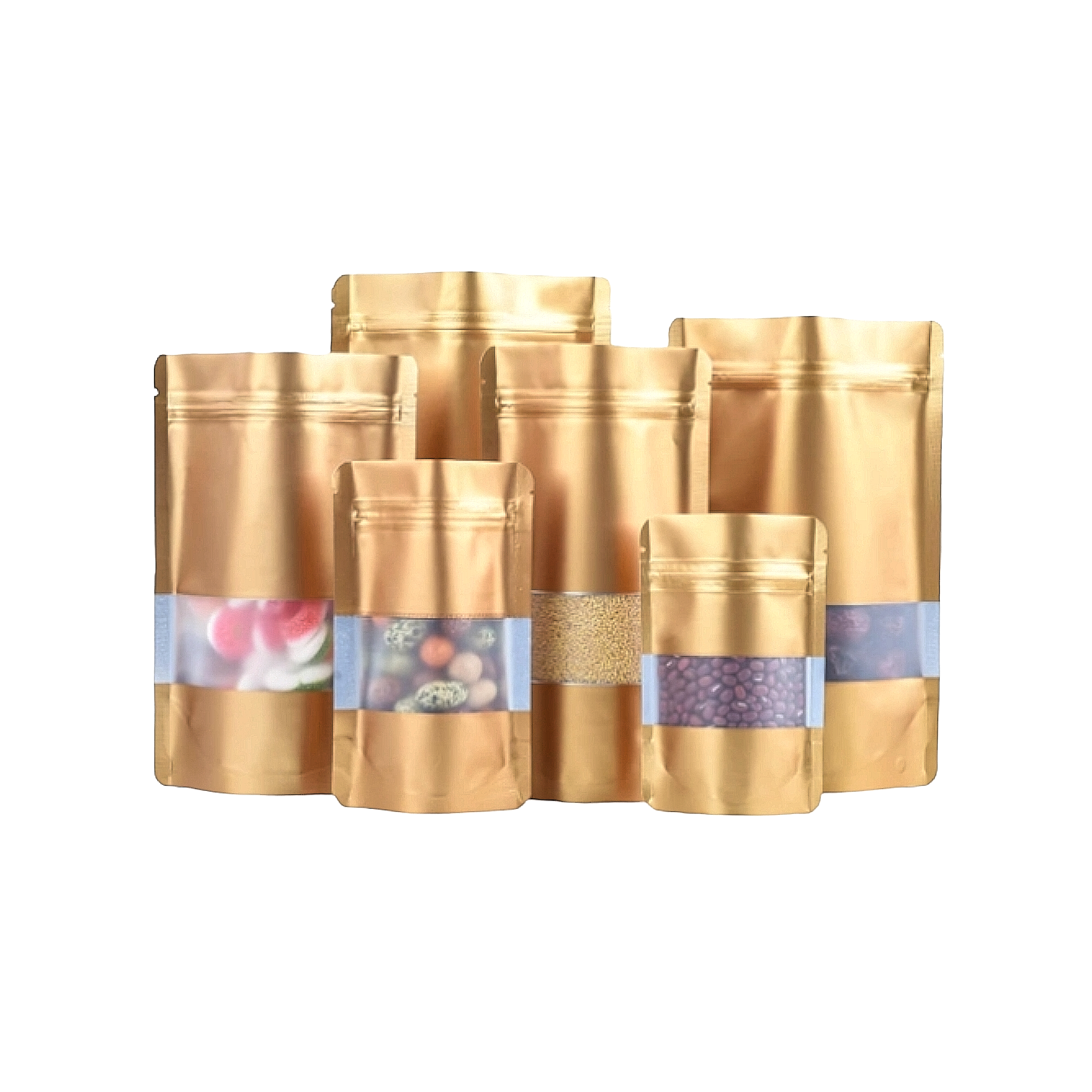 Aluminium Metalized Pouch Bags Zip Lock Resealable Foil Stand-Up with Window Matte Gold 180mic 10pack