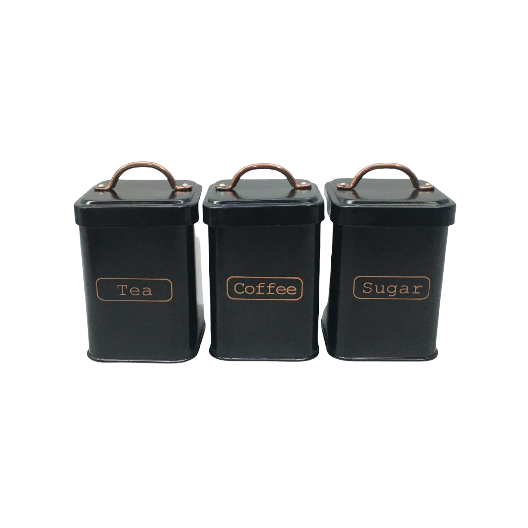 Vintage Tin Canister Square Tea Coffee Sugar Black with Bronze Handle 11x11x16.50cm