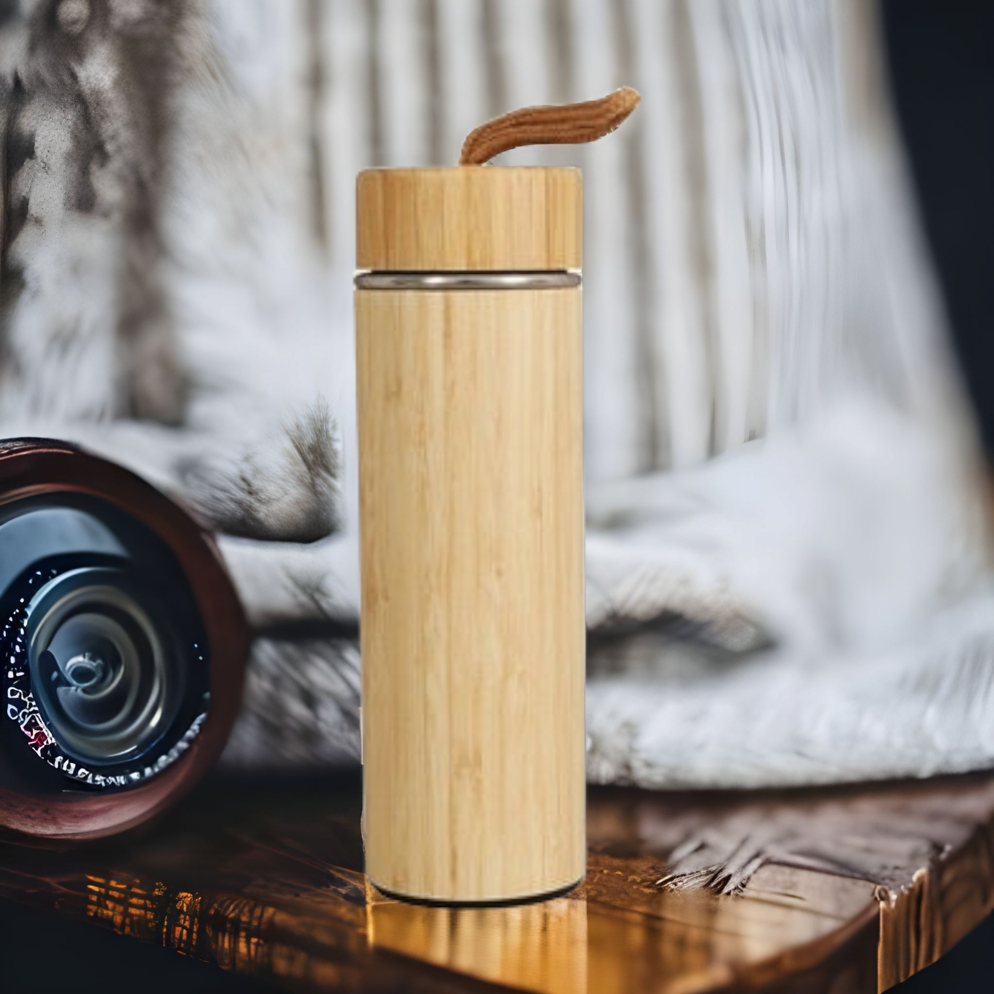 Retro Travel Thermos Flask Stainless Steel Bamboo Finish 500ml 31013