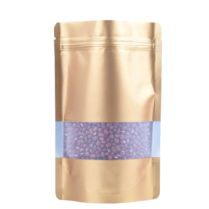 Aluminium Metalized Pouch Bags Zip Lock Resealable Foil Stand-Up with Window Matte Gold 180mic 10pack