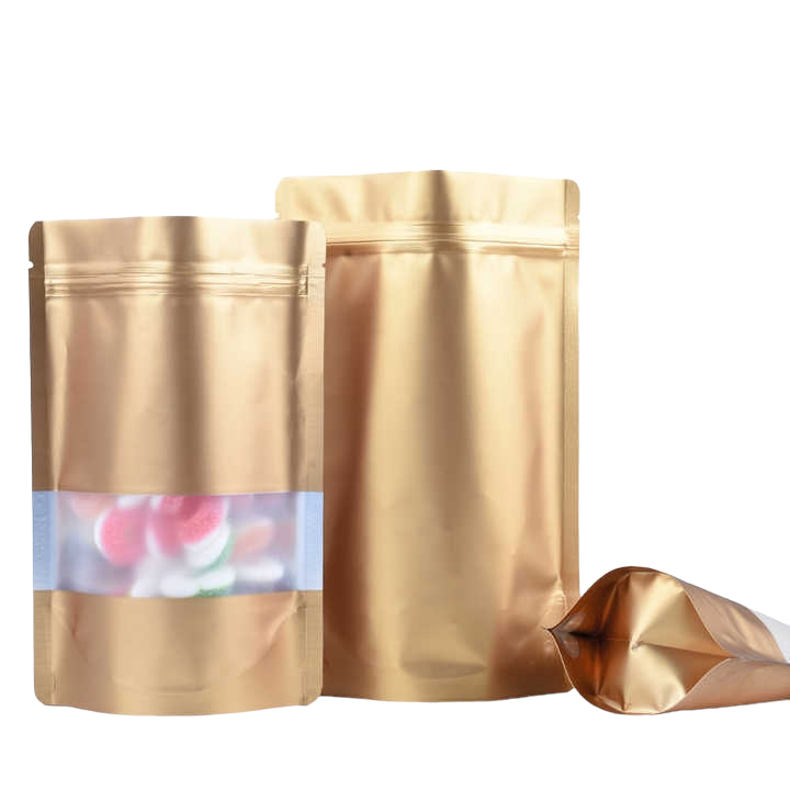 Aluminium Metalized Pouch Bags Zip Lock Resealable Foil Stand-Up with Window Matte Gold 180mic 10pack