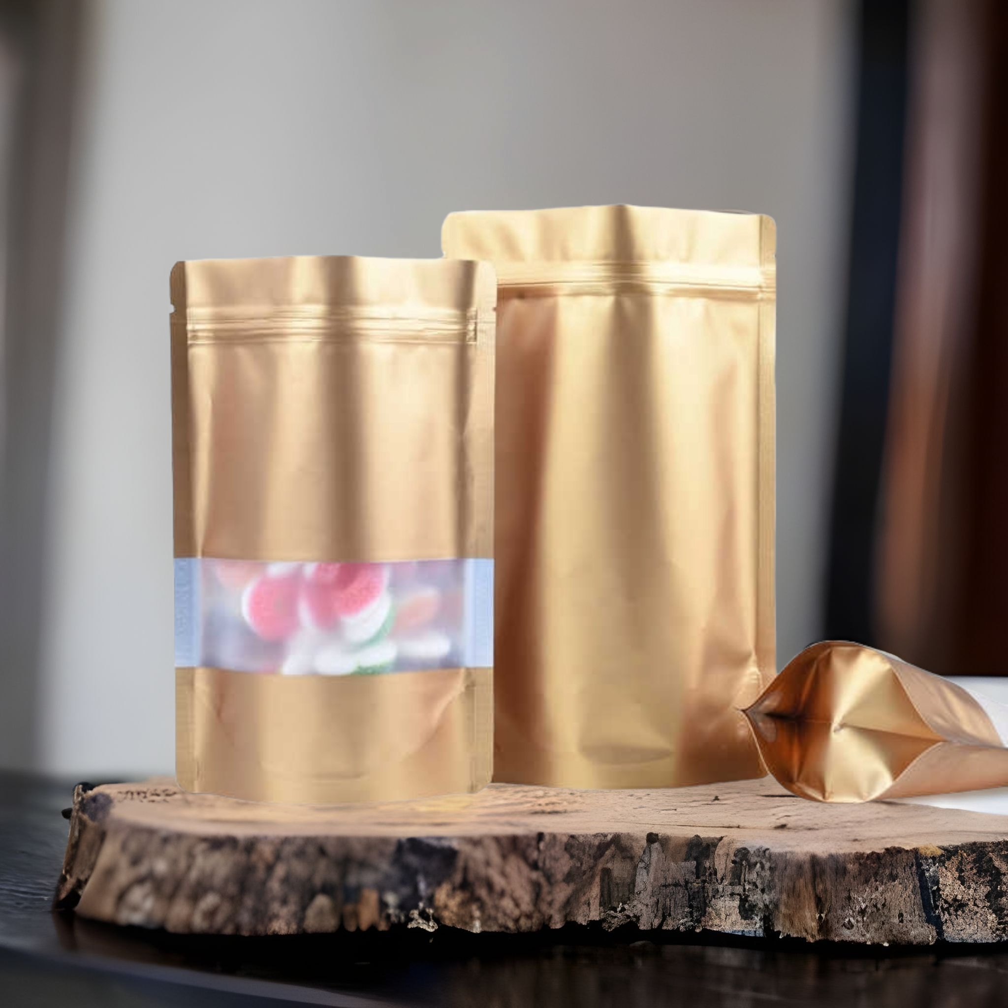 Aluminium Metalized Pouch Bags Zip Lock Resealable Foil Stand-Up with Window Matte Gold 180mic 10pack