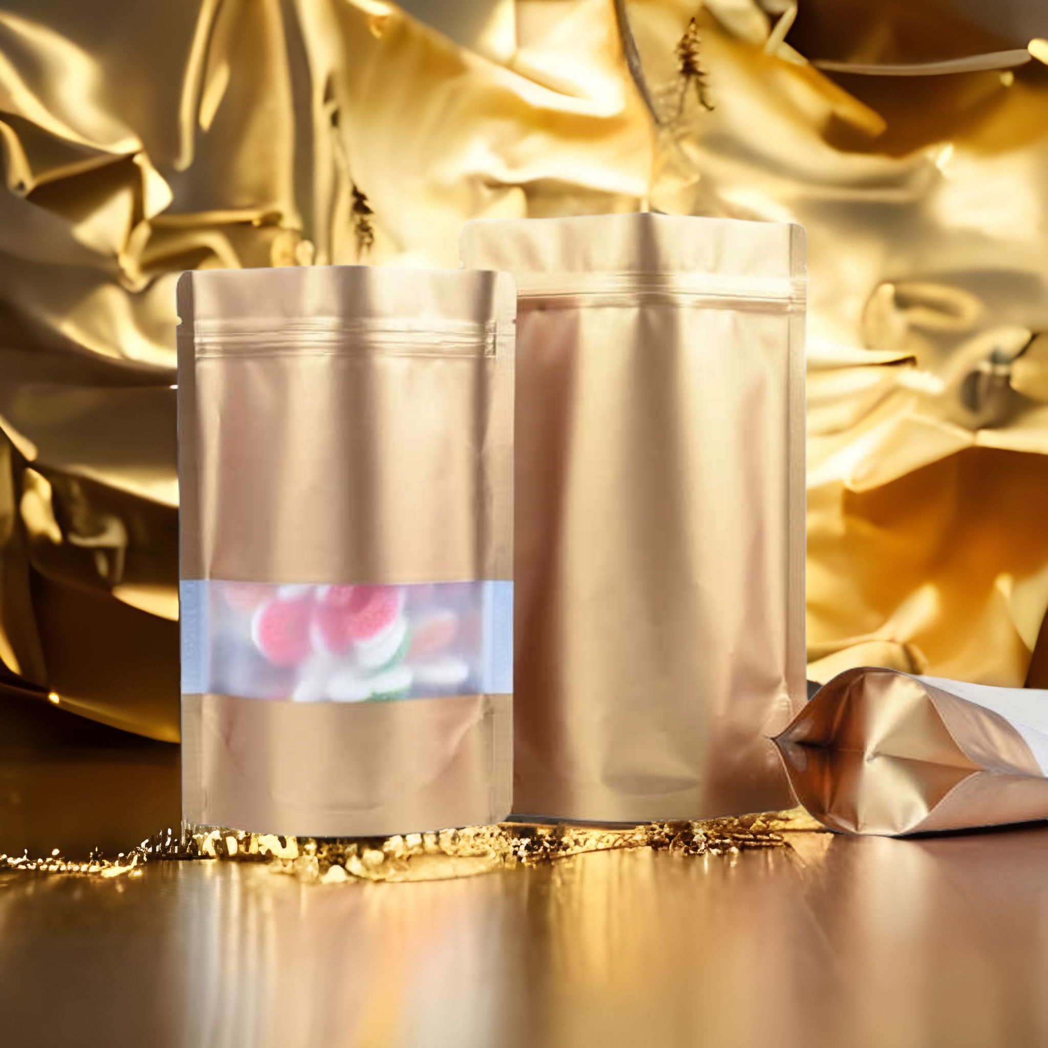 Aluminium Metalized Pouch Bags Zip Lock Resealable Foil Stand-Up with Window Matte Gold 180mic 10pack