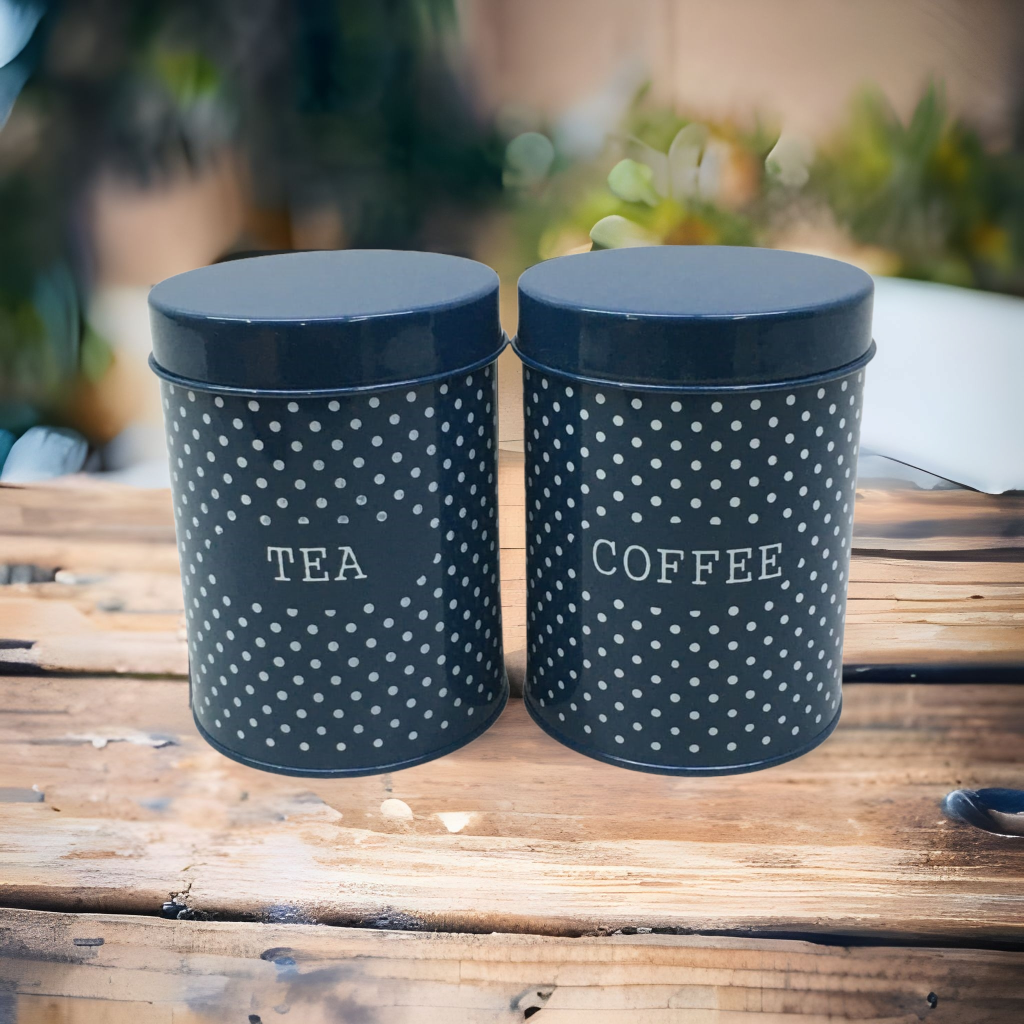 Vintage Tin Canister Blue Polka Dot Each 10x13.5cm