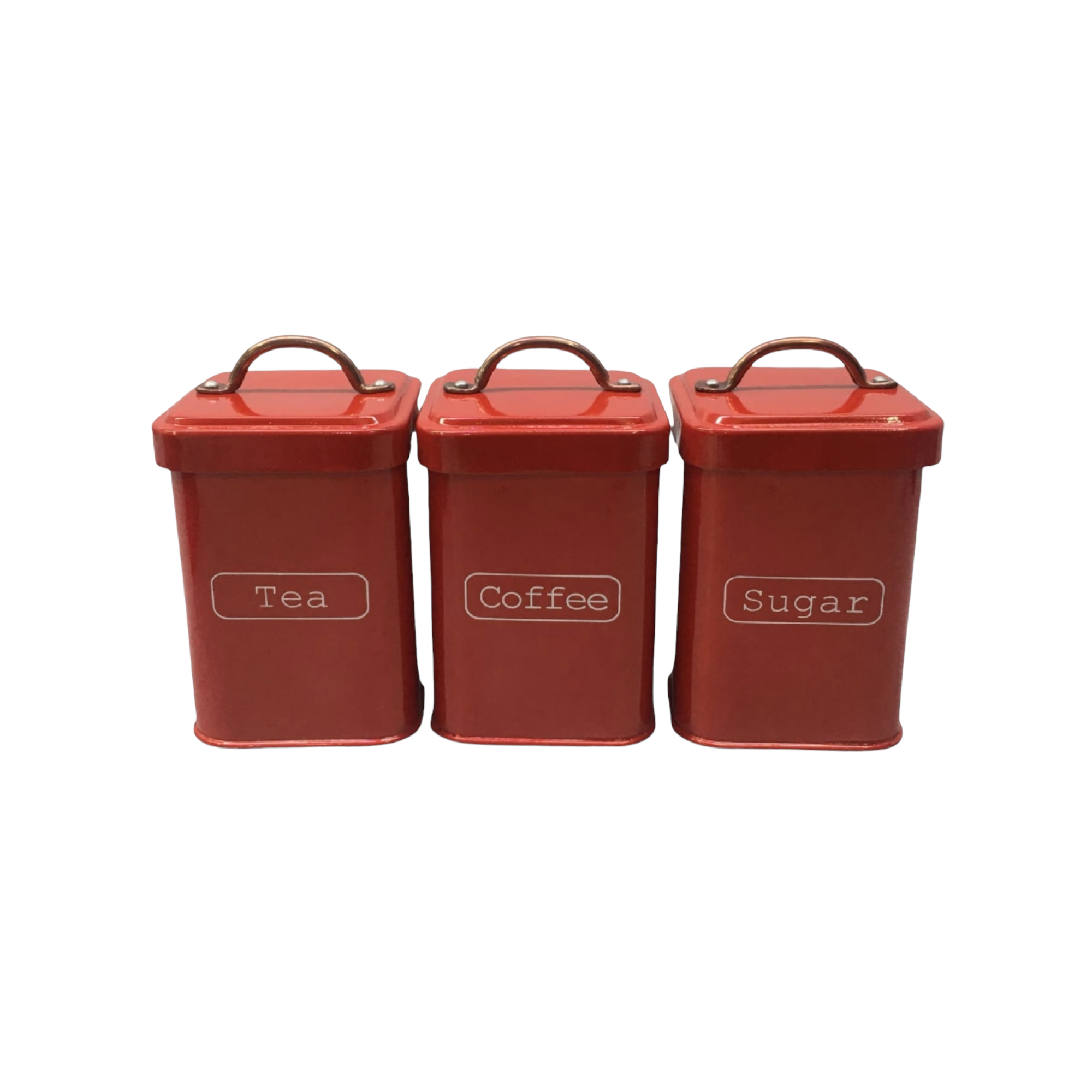 Vintage Tin Canister Square Tea Coffee Sugar Red with Bronze Handle 11x11x16.50cm