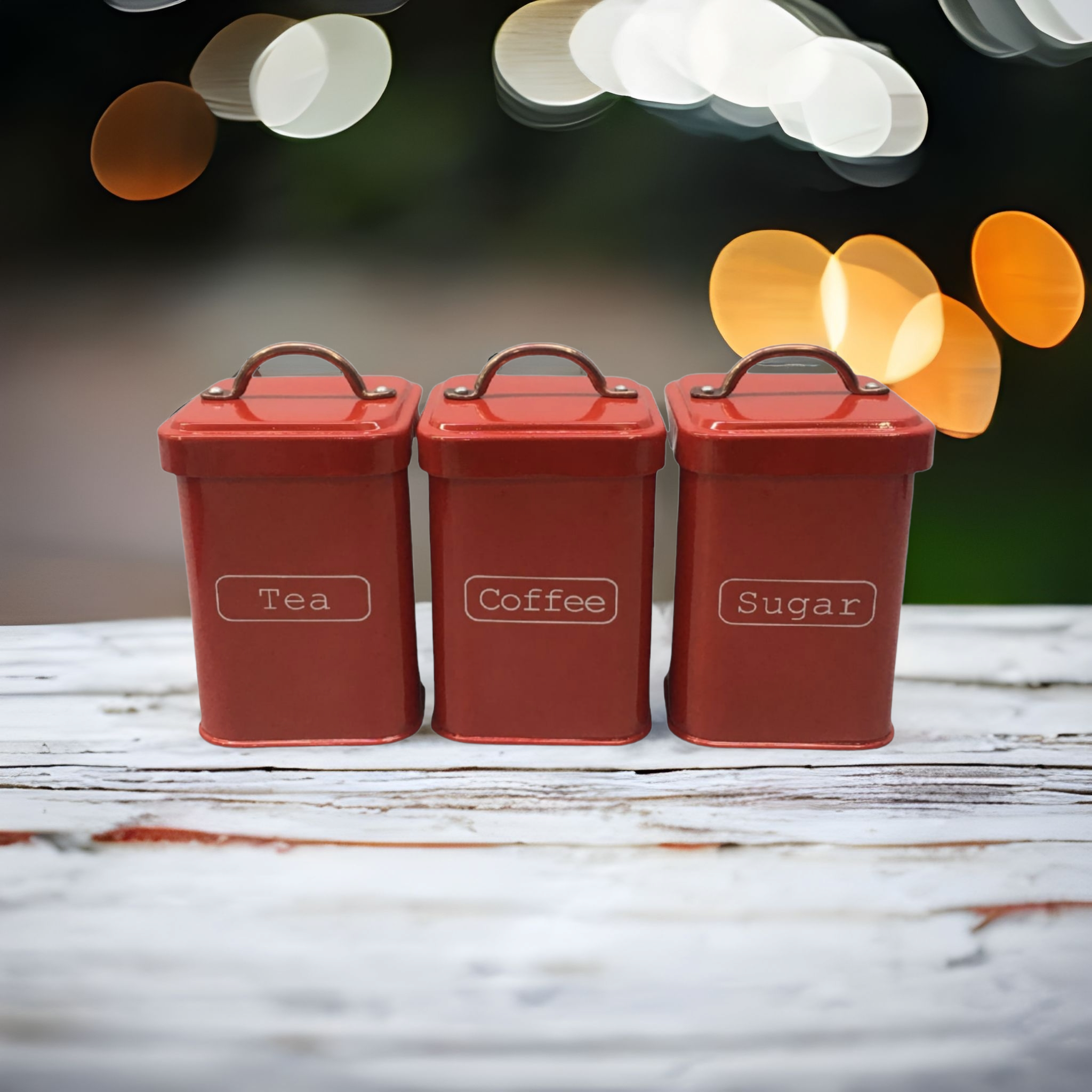 Vintage Tin Canister Square Tea Coffee Sugar Red with Bronze Handle 11x11x16.50cm