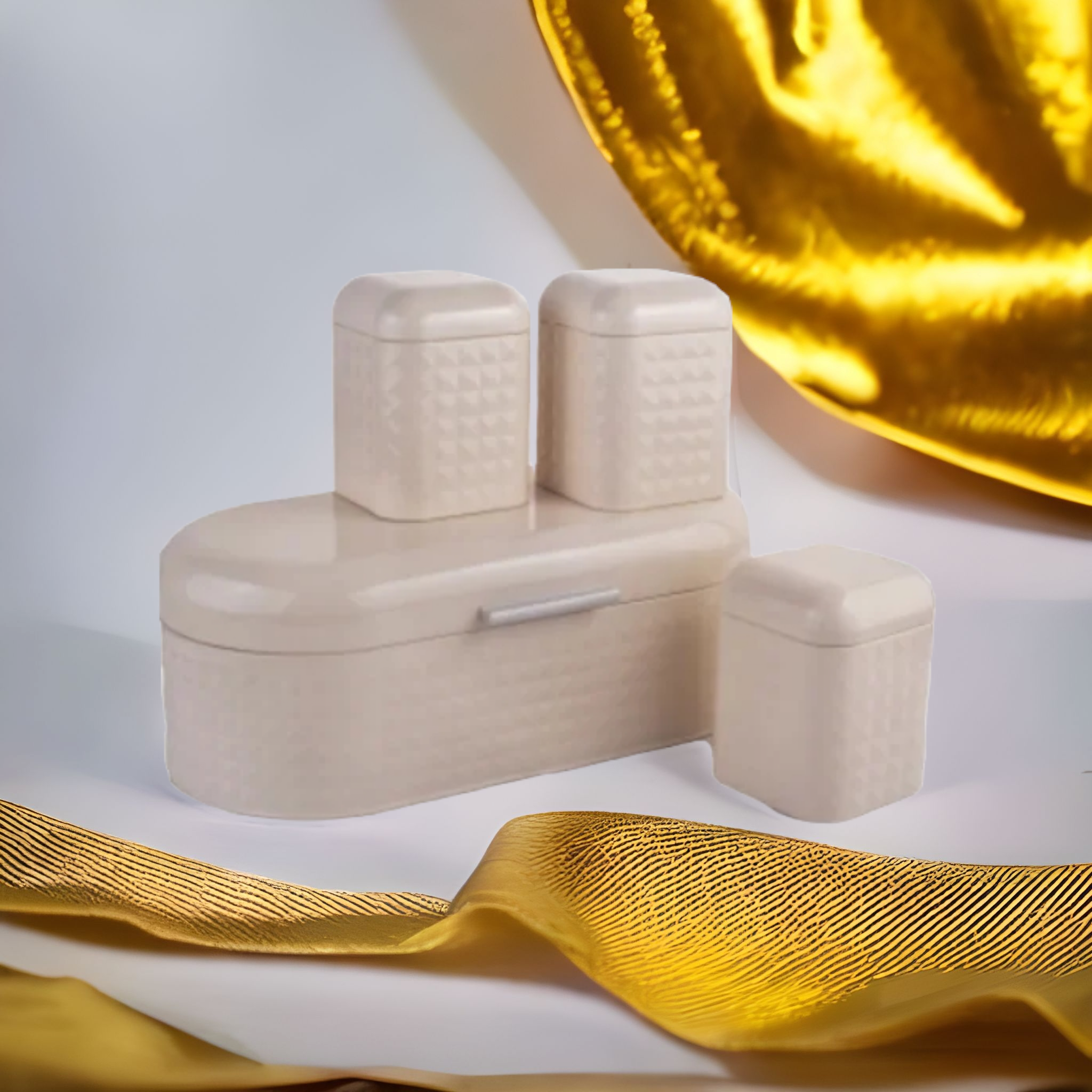 Bread Bin with 3pcs Canister Diamond Design Cream