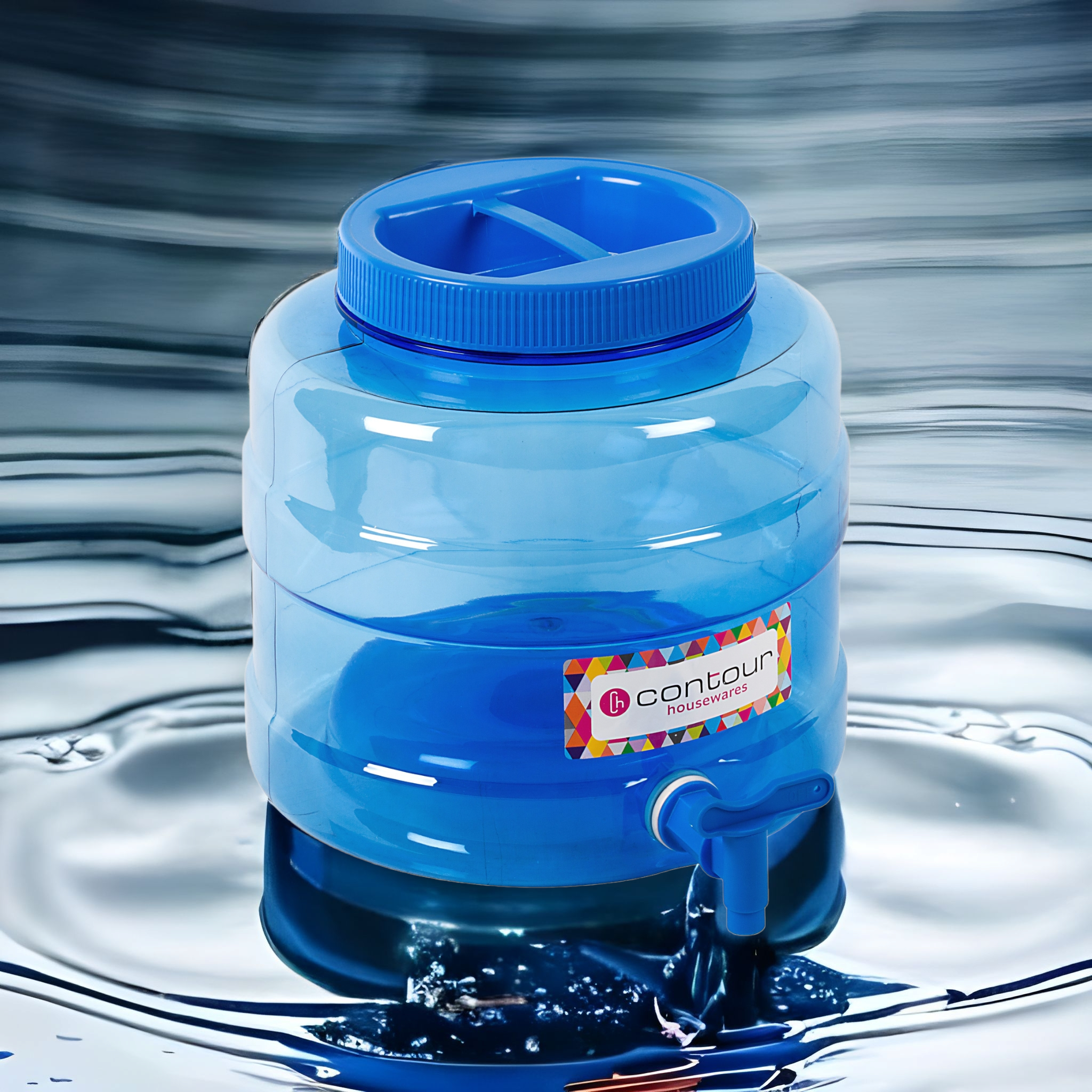 10L PET Water Dispenser with Tap Round Blue Plastic - Contour Housewares