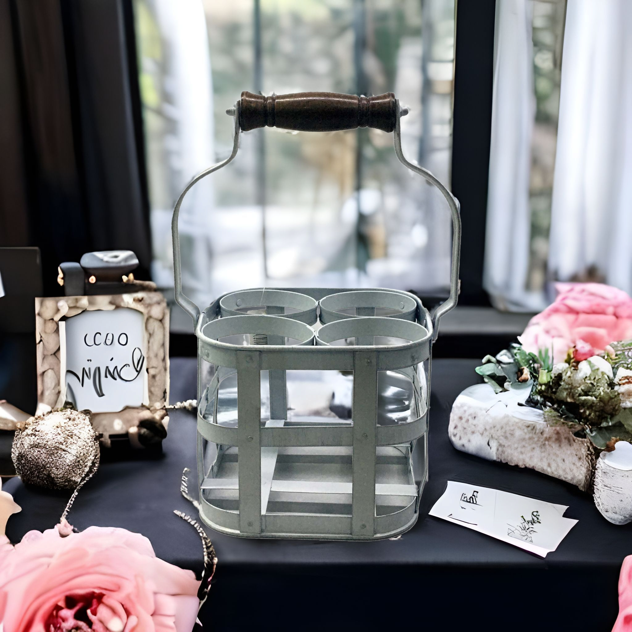 Vintage 4 Bottle Holder Square White Matt Finish Galvanised Iron wooden handle